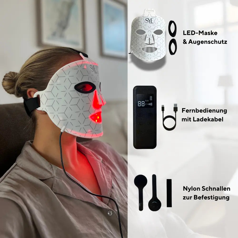 Lieferumfang der LED Gesichtsmaske von SYE Cosmetics zur Anti-Aging und Hautstraffung